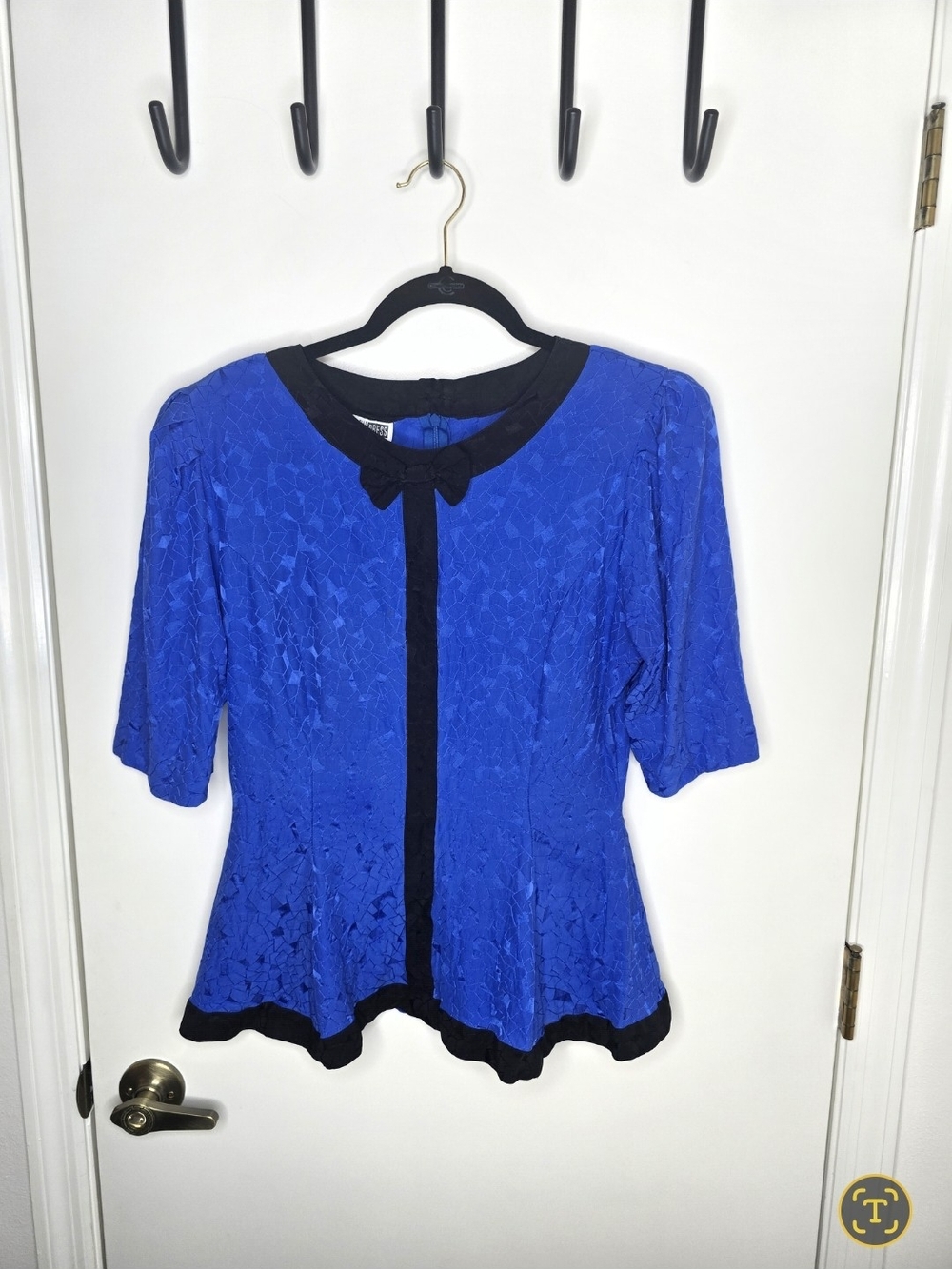 Royal Blue 100% Silk Peplum Blouse with Black Trim 80's Vintage See Measurements